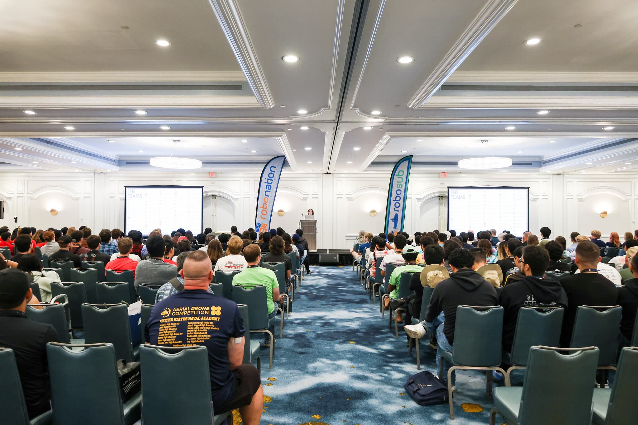 Wide view of commander's briefing ballroom at RoboSub 2025