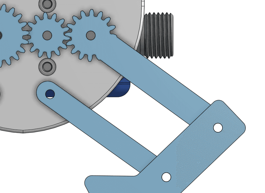 Close-up of the four-bar double-joint linkage